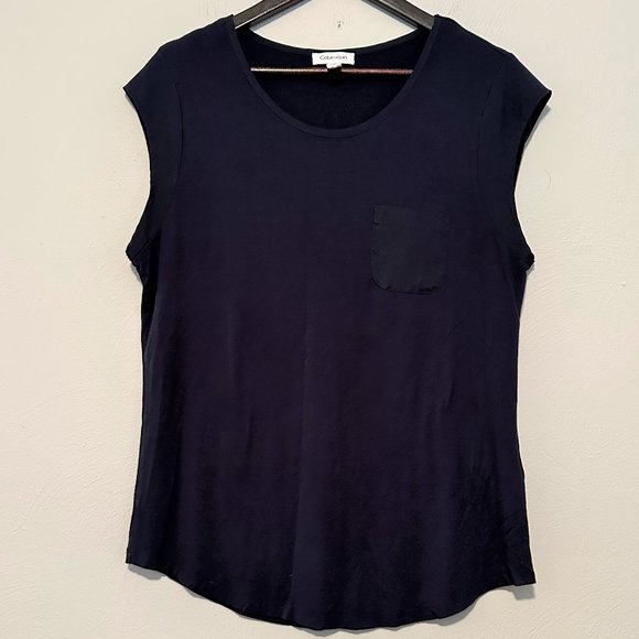 Calvin Klein Women's Essential One Pocket Cap Sleeve T-Shirt in Navy Size Large - Picture 1 of 16